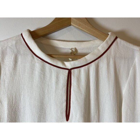 NWT Maje Fluide Top Shirt Blouse 3/4 Sleeve Cream Red Tan Trim Size 2 Medium New - Picture 2 of 6